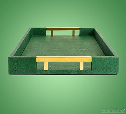 Modern Elegant 17.5"x12" Rectangle Emerald Green Shagreen Faux Leather Decorative Tray Ottoman Coffee Table Perfume Living Room Kitchen Serving Tray with Gold Polished Metal Handles for All Occasion's - color: Emerald Green/Gold