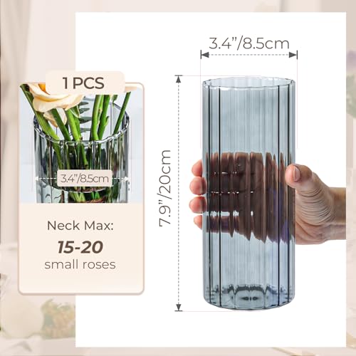 ComSaf Glass Cylinder Vases, Bud Vase for Centerpieces, 8 Inch Tall Ribbed Vase Hurricane Floating Candle Holder, Decorative Flower Vases for Wedding Reception, Home Decor, Housewarming Gift (Grey) - color: Gray
