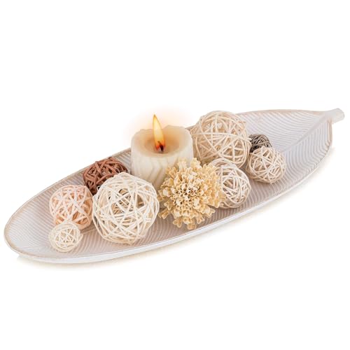 Hanobe Leaf Wooden Decorative Tray: Leaf Shaped Wood Key Tray Decor Plate Bowl for Crystal Candle - color: White Washed, size: 16.1" x 5.9" x 1.2"