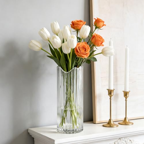 9 inch Tall Ribbed Clear Glass Vase,Flower Vase for Bouquet,Modern Glass Cylinder Vases for Flowers,Decorative Flower Vases for Centerpieces,Living Room,Bathroom,Dining Table,Wedding,Housewarming Gift