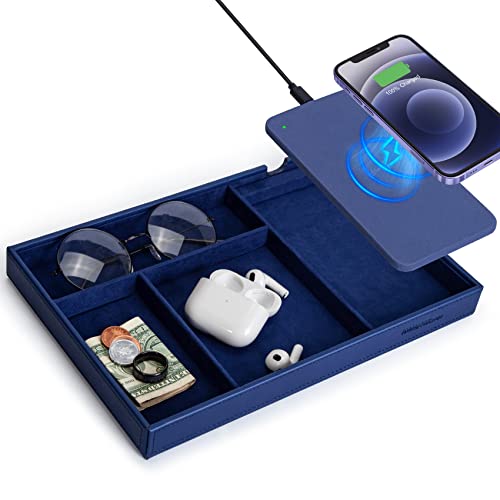Valet Tray, Built in Wireless Charging Pad, Nightstand Organizer, Bedside Organizer, Mens Jewelry Box, Everyday Carry Tray for Men and Women -Blue - color: Blue
