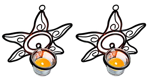 Lily’s Home Southwestern Sun Decorative Votive Candle Tea Light Wall Mount Sconces, Black Steel, with Clear Glass Tealight Candle Holders, Set of 2 - color: Southwestern Sun