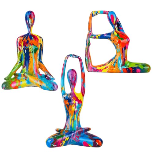 Colorful Abstract Yoga Figurines Set of 3 - Vibrant Graffiti Art Sculptures, Modern Home Decor Accents, Unique Gift for Yoga Lovers, Meditation Room & Living Room Shelf Desk Decor - color: Graffiti C