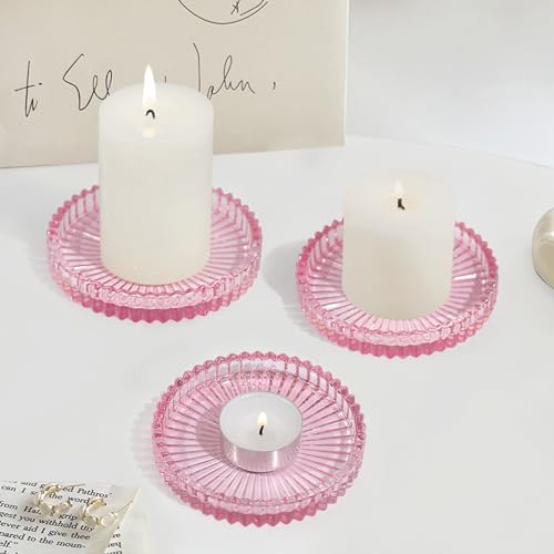 Glass Pillar Candle Holder, 4" Pink Candle Plates Set of 3, Glass Candle Holders for Wedding, Party, Holiday, Home Decor, Table Centerpiece - color: Pink, size: 3 pcs