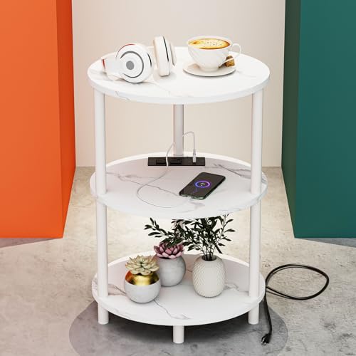 Small Round Side Table - 3-Tier Oval Accent Table for Small Spaces, Rustic Wood and Metal Nightstand for Living Room or Bedroom, with Built-in USB Ports and Power Outlet, Marble White - color: Marble White, size: 1-Pack, style: Includes Power Outlets