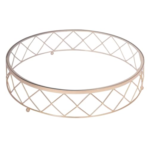 Efavormart 14" Round Gold Metal Geometric Cake Stand with Glass Top - Glossy Metallic Dessert Riser for Cupcake, Pastry and Candy Display Centerpiece