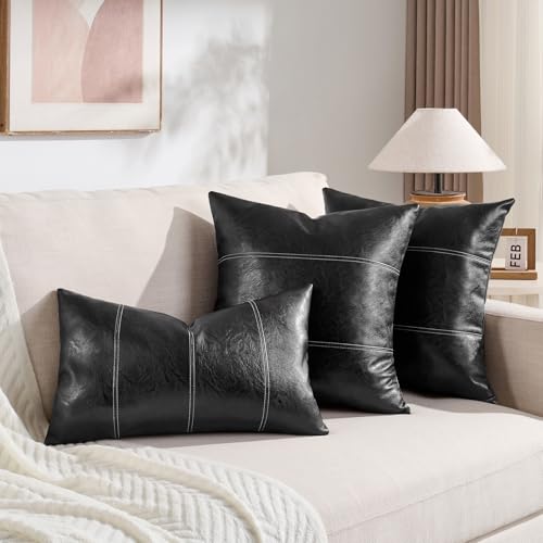 Fancy Homi 2 Packs Black Boho Faux Leather Decorative Throw Pillow Covers 16x16 Inch for Living Room Couch Bed Sofa, Rustic Modern Farmhouse Home Decor, Hand Stitched Square Cushion Case 40x40 cm - color: Black, size: 16" x 16" (Pack of 2)