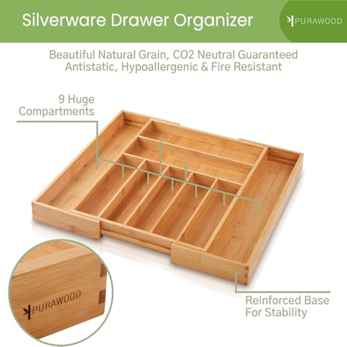 Bamboo Drawer Organizer, 2 Pack - Expandable Silverware Organizer & Utensil Drawer Organizer, Cutlery Tray with Dividers, 7-9 Slots- Premium Kitchen Organizer for Utensils & Flatware (Natural) - color: Natural, size: 9 Slot