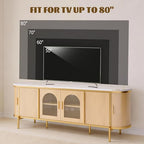 MXV 70" Fluted TV Stand for TVs up to 80", Mid Century Modern Entertainment Center with Sliding Doors & Glass Door, TV Console Table with Faux Marble Top for Living Room, Oak - size: 70IN