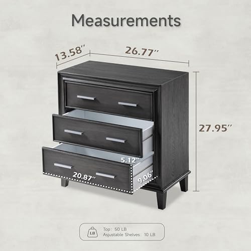 LONYKE Modern Nightstand 3 Drawer Wood Dresser with Metal Handles, Accent Bedside Table Storage Organizer, Vintage Mid-Century Table with Dark Finish, Black