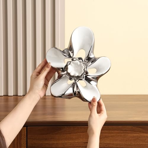 Ceramic Statue Home Decor Aesthetic Abstract Flower Sculpture Modern Decorative Statues for Living Room Bedroom Bookshelf Desktop Dinging Table Centerpiece Office(White and Silver) - color: White and Silver