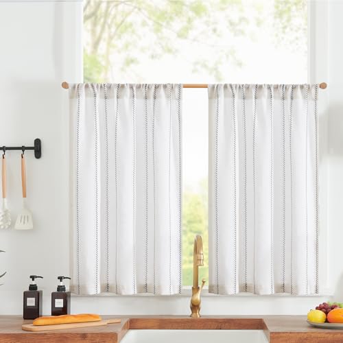 jinchan Linen Striped Kitchen Curtains Tier Cafe Curtains for Living Room Bathroom RV 24 Inch Farmhouse Rustic Half Window Treatment Light Filtering 2 Panels Gray on White - color: Cottage Striped Grey, size: 26"W x 24"L (Pack of 2)