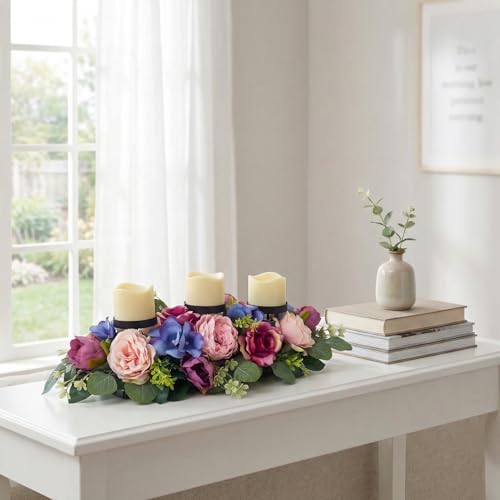 Svndlyn 25 Inch Artificial Floral Centerpiece with 3 Candle Holders Peony & Rose Arrangement for Dining Room Table Pink Purple & Blue Spring Decor (Fits 3" Candles, Candles Not Included)