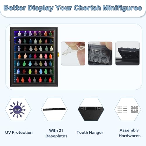 VERANI Minifigure Display Case with LED - Miniature Action Figure Display Box - Lockable Wall Mount Figures Memorabilia Display Cabinet for with Uv Protected Anti Fade with Light for Small Objects - size: Large Black with LED