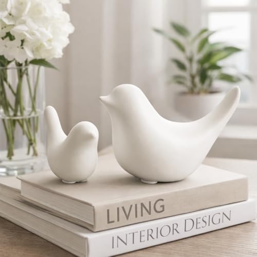 2 Pcs Ceramic Small Bird Figurines Modern Animal Statues for Home 、Room Decor and Bedroom Decor and Bookshelf Display (White) - color: White