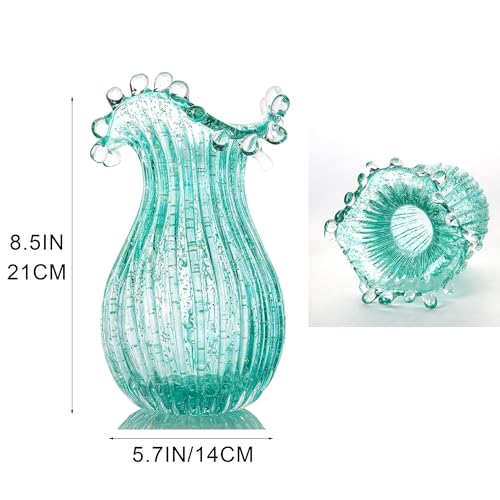 QFkris Hand Blown Glass Luminous Vase for Flowers 8" Teal Crystal Bubble Vases for Bouquet Home Decor Decorative Centerpieces Unique Gift for Birthday Housewarming Mothers Day - style: Luminous