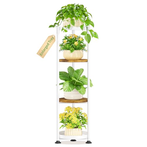KMOTASUO 4 Tier White Plant Stand Indoor for Large Tall Heavy Duty Planter, Multiple Sturdy Metal Flower Corner Rack for Narrow House Floor, Iron Vertical Level Round Orchi Holder Organizer, Modern - color: White + Brown, size: 4 Tier