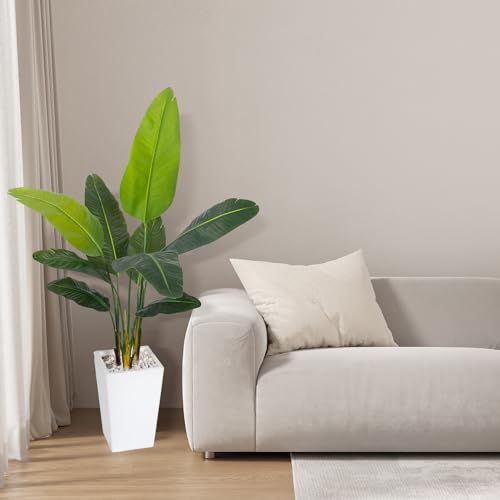 HAIHONG Bird of Paradise Artificial Plant 5FT, Faux Tropical Palm Tree with White Tall Planter, Large Fake Plants in Pot - Artificial Tree for Home Office Living Room Decor Indoor