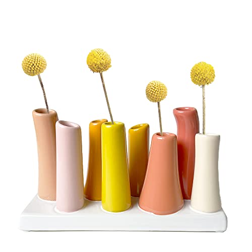 Chive - Pooley 2, Ceramic Flower Vase, 8-Tube Shape (Papaya, Yellow and Pink) - color: Papaya, Yellow and Pink