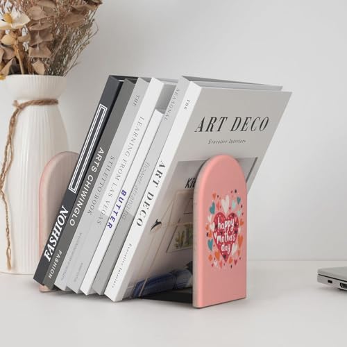 Love Mom Pink L-Shaped Book Ends 1 Pair Wood Bookends Book End Supports for Heavy Book Shelf Holder Home Decorative - color: Love Mom Pink