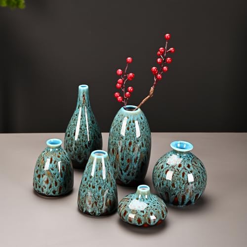 Ceramic Bud Vase Set, Fambe Blue Glazed Finish, Decorative Flower Vases (Blue-Set of 6) - color: Blue-set of 6