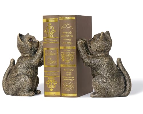 Vintage Cat Bookends for Shelves, Heavy Duty Bookends, Vintage Decorative Bookends for Kids Books, Non-Skid Design, Cat Statue Enthusiasts Gifts - color: Vintage