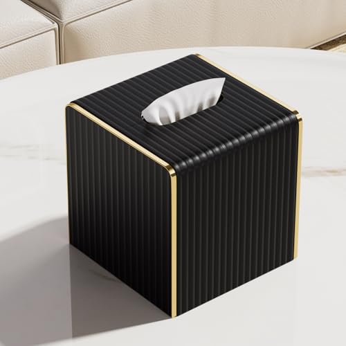 Tissue Box Cover,Black Square Luxury PU Leather Tissue Holder with Gold-Tone Edging Accents,Tissue Box Cover for Bathroom Toilet Bedroom Living Room Table Desk Office,Coffee Table Decor - color: Black, size: Square Standard