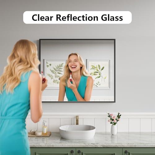 Koonmi Bathroom Mirror for Wall, 30"x36" Black Bathroom Mirror for Over Sink, Shatterproof Tempered Glass Vanity Mirror with Anti-Rust Aluminum Alloy Frame, Hang Horizontally or Vertically - color: Square Edged, size: 36"L x 30"W