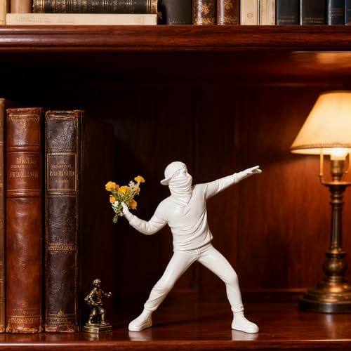 Banksy Street Graffiti Art Statue,Throwing Flower Boy Figurine,Resin Statue Ornaments,Living Room Dining Desk Decorations,Bookshelf Decorative Objects,Modern Home Decor(8.6"/White) - color: Throwing Flower Boy-white-1