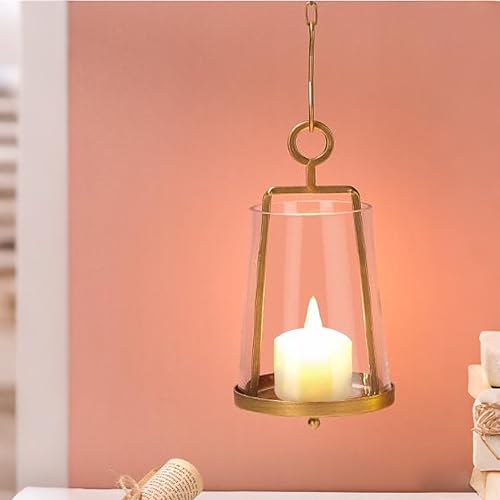 4“ Wide Modern Farmhouse Metal Hurricane Candle Holder with Handmade Sturdy Glass Sleeve in Vintage Brass for 2" Pillar Candle & Plants, Glass Hurricane Lantern, Industrial, Minimalistic - color: Brass, size: 4"x7.5"