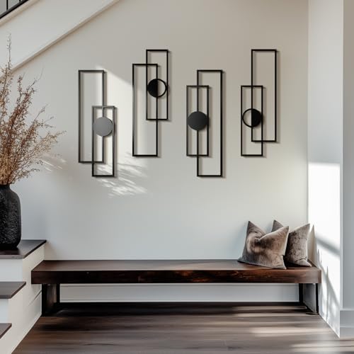 Abstract Black Metal Wall Art for Living Room, 4 Pack Large Wall Sculptures Minimalist Modern 3D Textured Geometric Metal Wall Decor for Bedroom Bathroom Kitchen Study