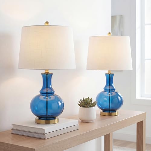 JONATHAN Y 25" Cobalt Blue/Brass Gold and Brass Gold Glass Table Lamp Set of 2 for Bedroom, Modern Bedside Lamp for Living Room Nightstand, White Linen Drum Shade, LED Bulb Included (JYL1068C-SET2) - color: Cobalt Blue
