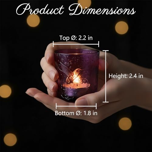 12 Pack Hummingbird Embossed Glass Candle Holders – Votive Tealight Holders with Patent Design, Decorative Embossed Glass Cups for Wedding Centerpieces, Parties, and Home Décor (Amethyst Bloom) - color: Amethyst Bloom