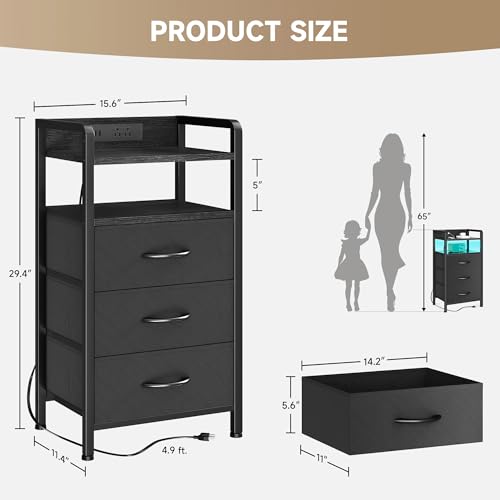 Lazzanto Night Stand Bedside Charger Bedroom - Nightstand with Charging Station & LED Light Strip, Night Stand with Storage Shelf & 3 Fabric Drawers, Morden End Table with U-S-B Ports & AC Outlets - color: Black, size: 3 Drawers