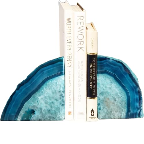 AMOYSTONE Bookends Agate Decorative Book Ends for Shelves Heavy Duty Crystal Stone Bookends Dyed Teal with Rubber Bumpers 1 Pair, 3-4 LBS - color: Dyed Teal, size: 3-4LBS