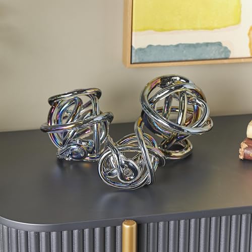 Deco 79 Glass Abstract Handmade Decorative Sculpture Iridescent Knotted Ball Home Decor Statues, Set of 3 Accent Figurines 5", 4", 4"W, Dark Gray - color: Gray