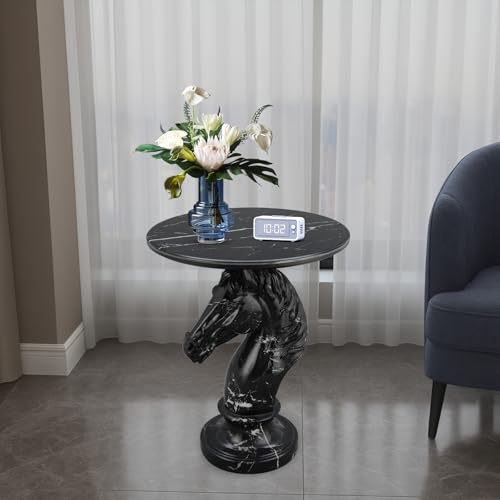 Modern Accent Table Living Room Horse Statue Black Stripe Contemporary‌ Faux Marble Night Stand Side Table with Horse Head Base Reception Area & Bedroom（Width 19.69" ——Tall 24.8"） - color: Black and White Striped Horse Head Table
