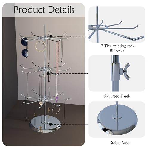 3 Tier Jewelry Holder with 8 Hooks Adjustable Height Chrome Countertop Spinner Display Stand for Necklace & Bracelet Keychain Display - size: Standard - 24 hooks