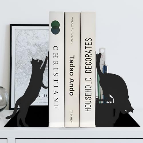 Cat Book Ends for Shelves, Metal Decorative Book Ends with Pen Holder, Fun Unique Bookends, Cool Black Cat Bookends for Home Office Desk Bookshelf Decor, Gift for Cat Lovers and Reading Enthusiasts - color: Black Cat