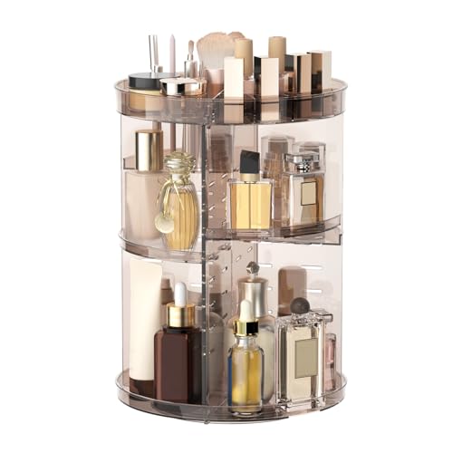 360 Rotating Makeup Organizer with Lipstick Slots, DIY 8 Adjustable Height Spinning Skincare Organizers, Brush and Perfume Storage Carousel, Cosmetic Display Case for Vanity Bathroom Countertop - color: Slot Top Coffee