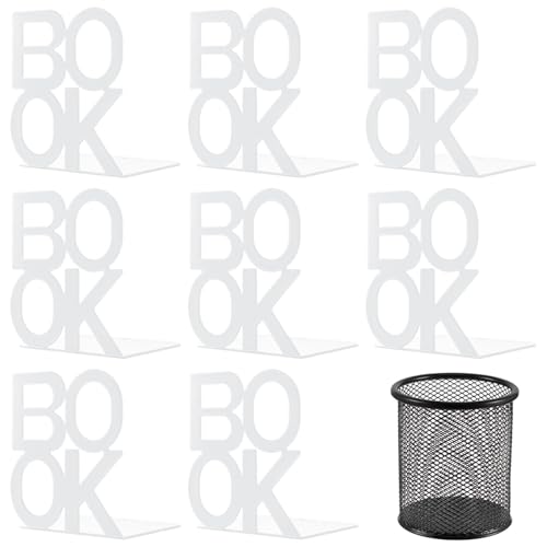 Book Ends - Decorative Metal Book Ends Supports for Bookrack Desk,Books, Unique Appearance Design,Heavy Duty (White, 4 Pair) - color: White, size: 4 pair