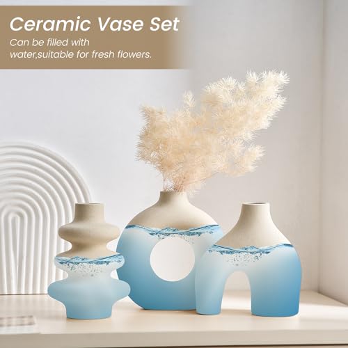 White Ceramic Vase Set of 3, Small Flower Vases for Pampas Grass, Modern Boho Vase for Decor, Round White Vases Centerpieces for Wedding Living Room Bedroom Coffee Table Dinner Table - color: White