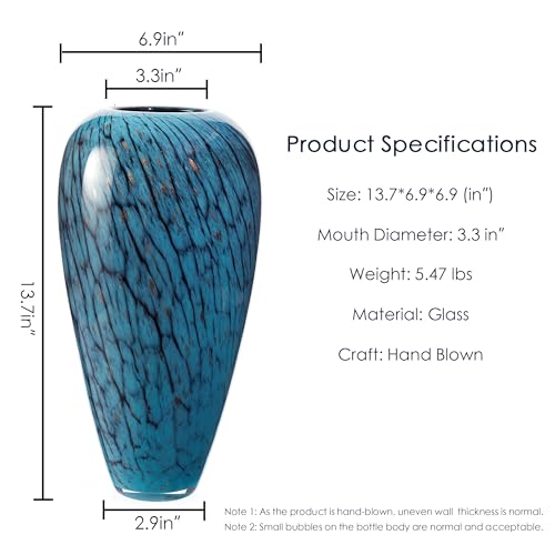 Hand Blown Glass Vase, 13.7 Inch Large Colored Decorative Vase for Home Decor, Ideal for Living Room, Dining Table, Office, Fireplace Mantel, Shelf Display & Wedding Centerpieces