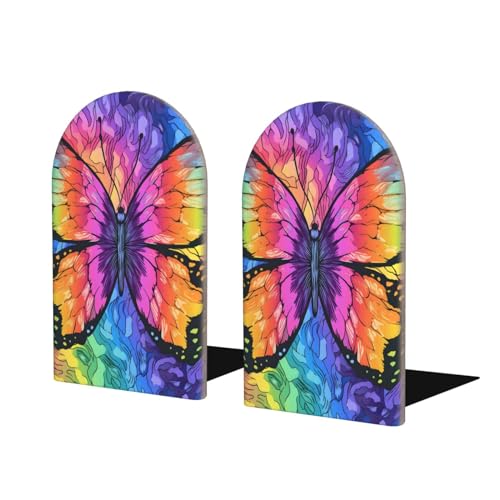 Decorative Bookends 2 Pcs Colorful Rainbow Butterfly Wood Bookends for Shelves Heavy Books Kids Non-Skid Book Ends Stoppers for Office Desk Kitchen School - color: Colorful Rainbow Butterfly