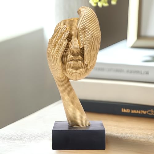HodaoModern Golden Abstract Human Face Sculpture Creative Artistic Ornament with a Palm Covering The Face High-end Decorative Item for The Entrance Hall Office Housewarming Gift Modern (Gold) - color: Artistic Human Face a
