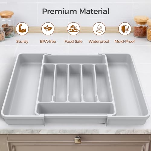 ukeetap Extra Large Expandable Silverware Organizer, BPA-Free Food-Safe Cutlery Flatware Organizer, Kitchen Utensil Drawer Organizer, Adjustable Silverware Holder for Spoons Forks Knives, Gray - color: Gray