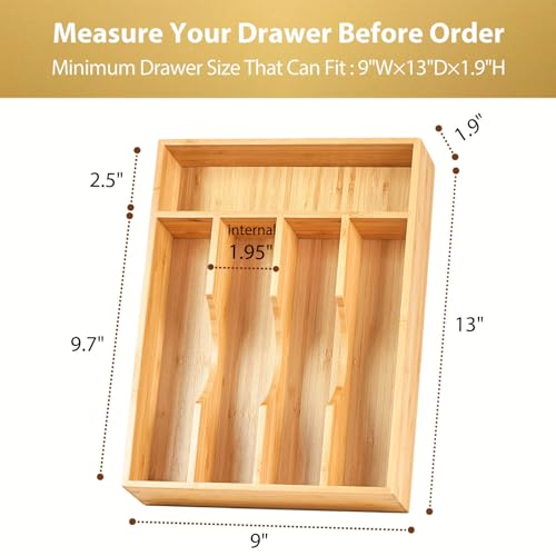 Umilife Bamboo Kitchen Drawer Organizer, 9 Inch Silverware Utensils Tray Holder for Small Drawer, Wood Caddy for Flatware Cutlery Knives - size: 9 x 13 inch (5 Slots)