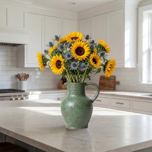 Green Ceramic Vase for Home Decor, 8 inch, Farmhouse Rustic Flower Vase, Single Handle, Shelf Decor, Table, Centerpiece, Living Room, Office Desk, Gift - color: Green-8"