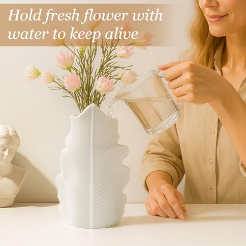 White Matte Ceramic Leaf-Shaped Vase – BEAHOT Modern Minimalist Decorative Flower Vase with Embossed Leaf Texture for Table Centerpiece, Home & Office Decor - color: White-leave