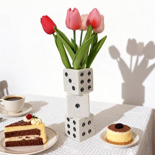 Tnstbiee Modern Ceramic Dice Vase - Small Unique Decorative Vase for Dried Flowers, Roses and Pampas Grass | Ideal Centerpiece for Living Room, Coffee Table - Single Stem Bud Vase Gift for Home Decor - color: White Dice Vase